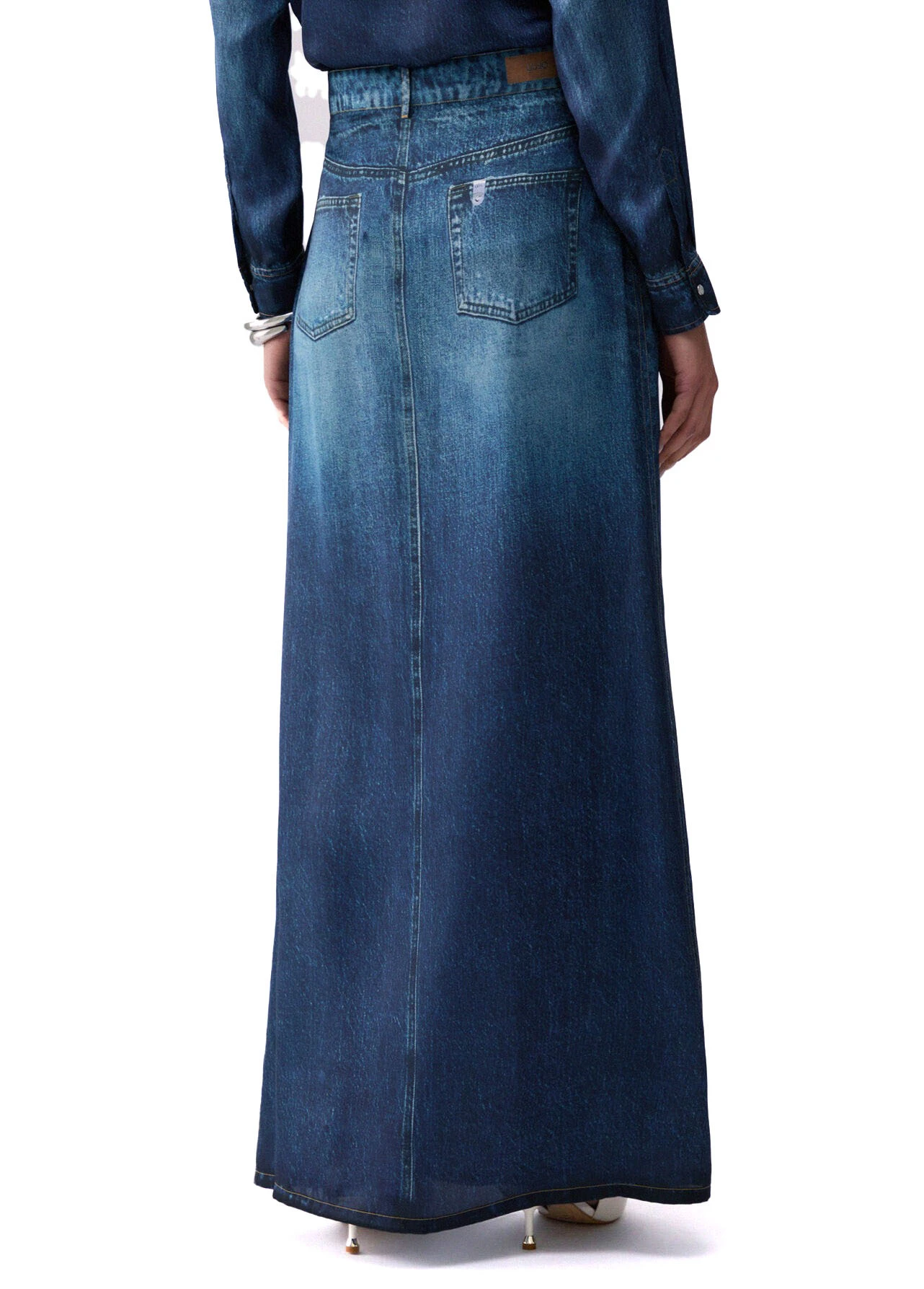 Long Flowing Skirt With Digital Denim Print  & Slit Gallery