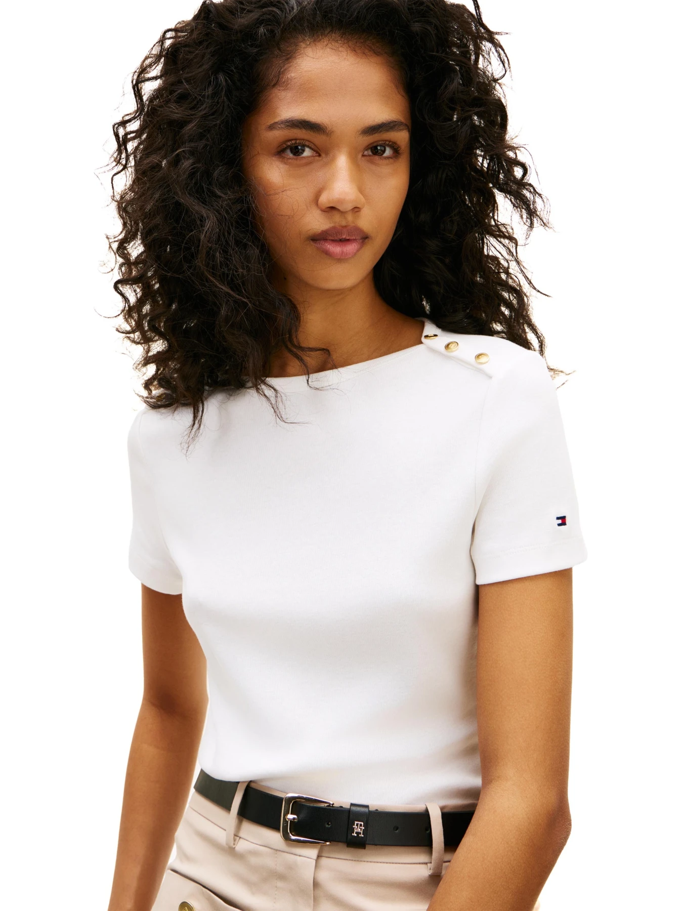 Gold-Tone Button Slim Boat Neck T-Shirt Gallery