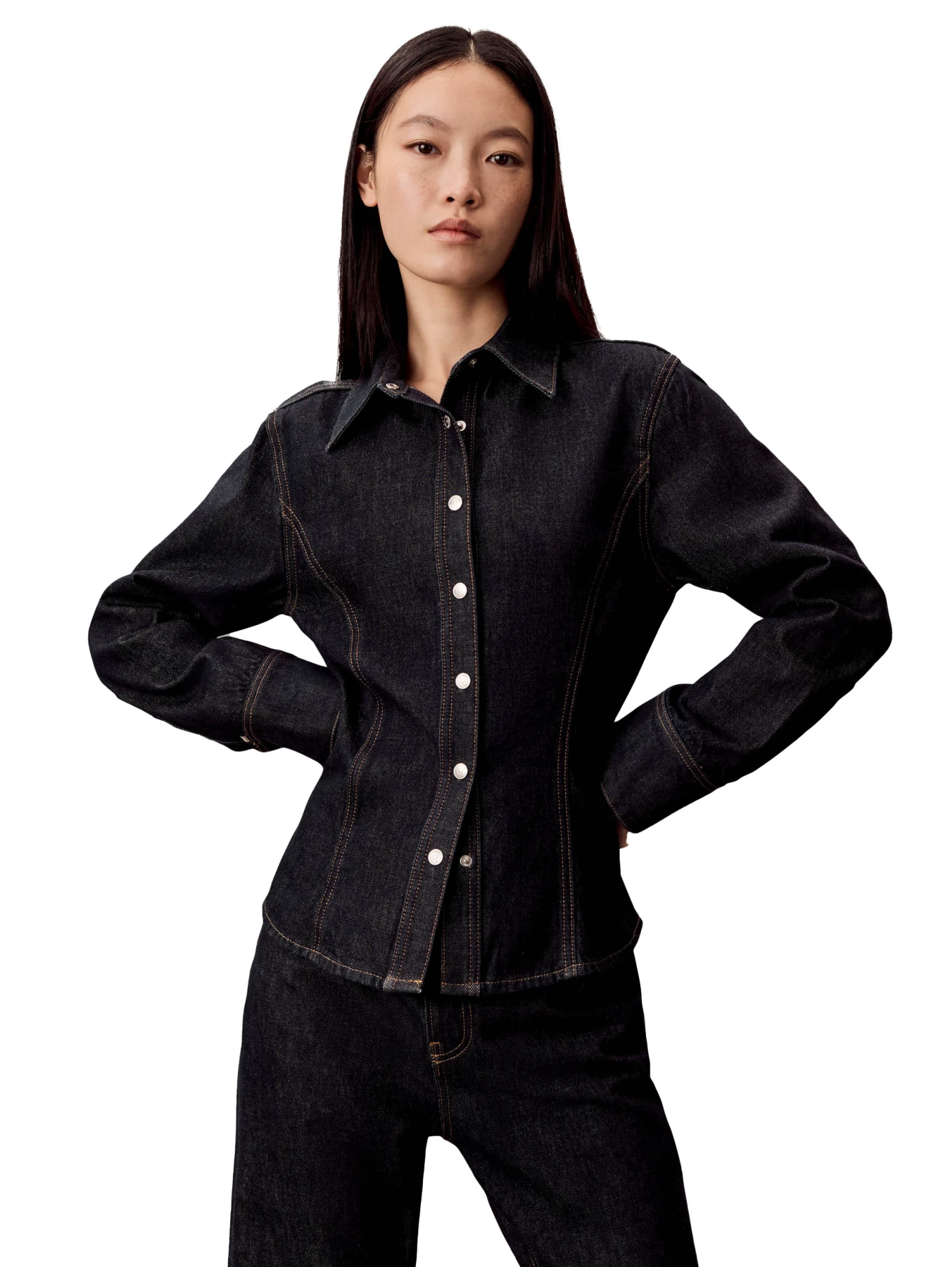 Denim Seamed Button-Down Shirt Gallery