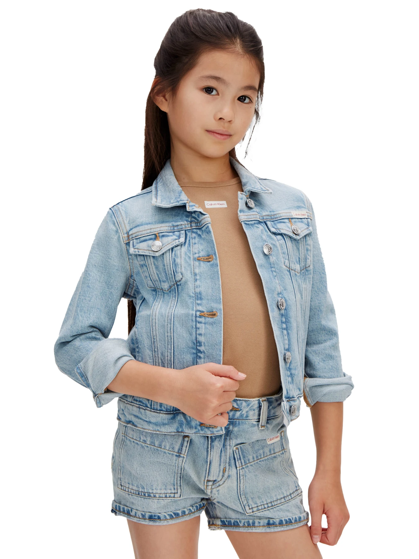 Kids Girls High Rise Patch Pocket Denim Shorts Gallery