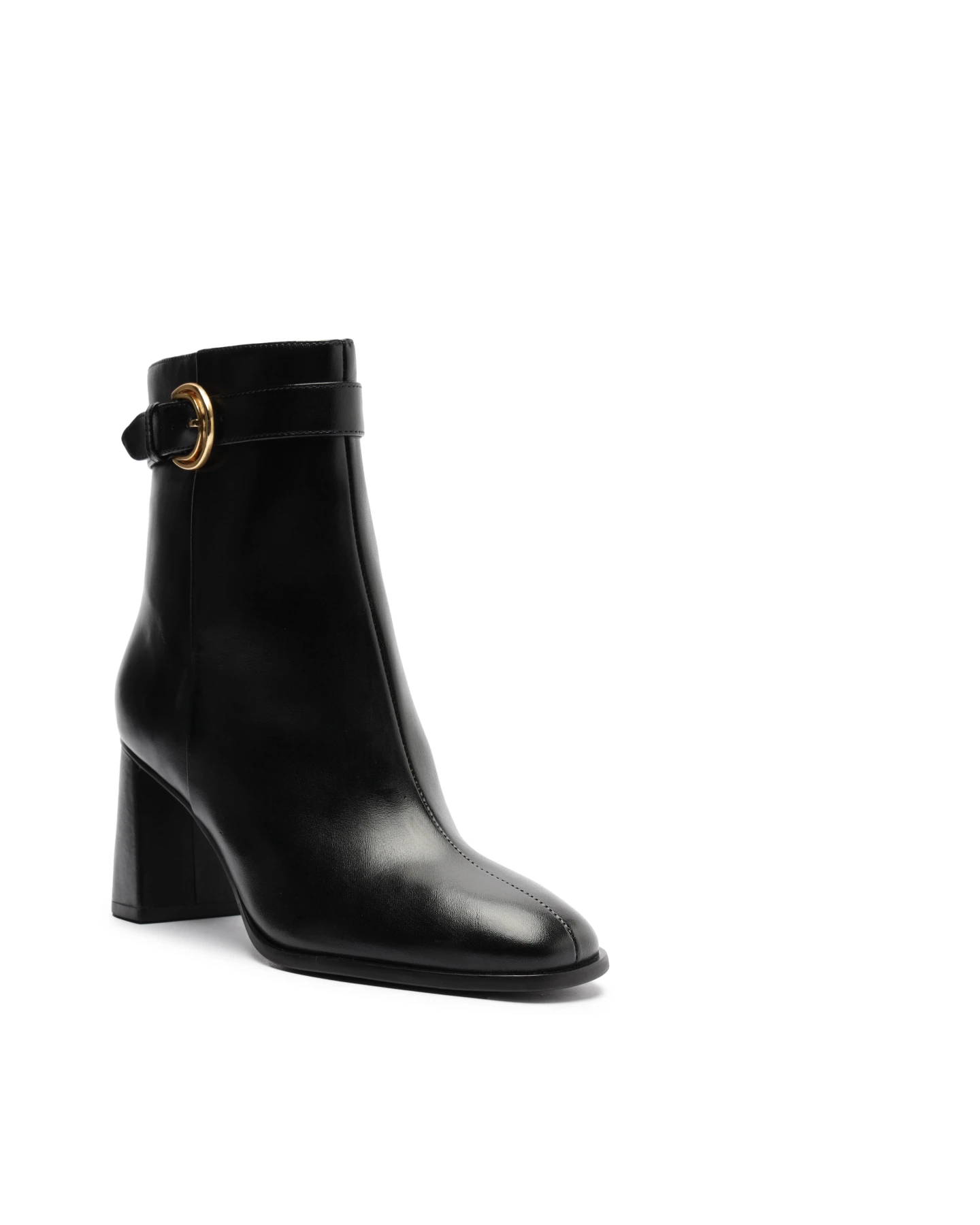 Black Leather Ankle Boot with Medium Block Heel and Buckle Gallery