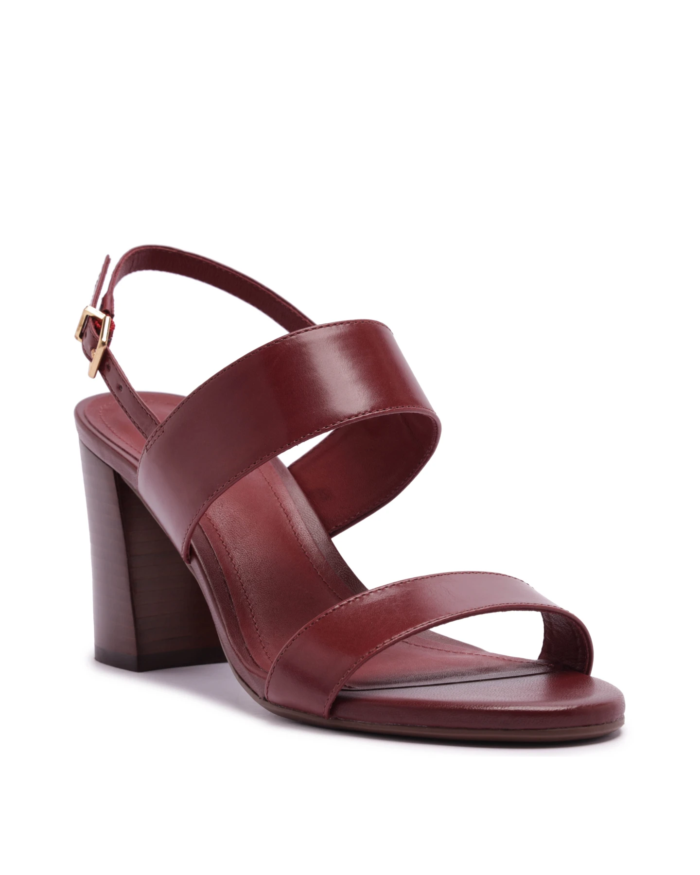 Wine Leather Block Heel Sandal with Double Wide Straps Gallery