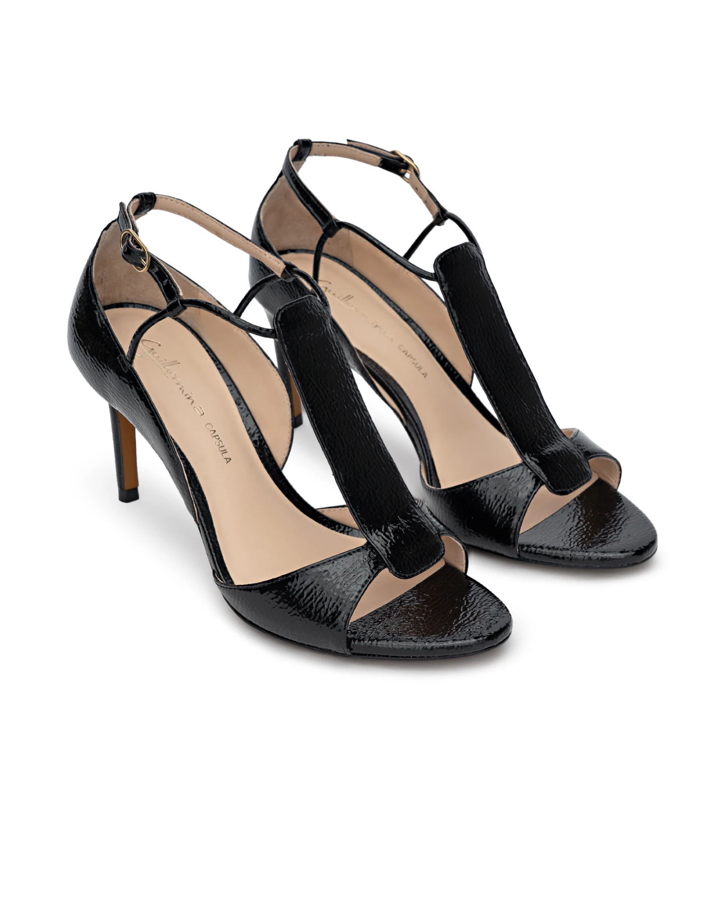 Crinkled Patent Leather T-Strap High Heel  Sandals Gallery
