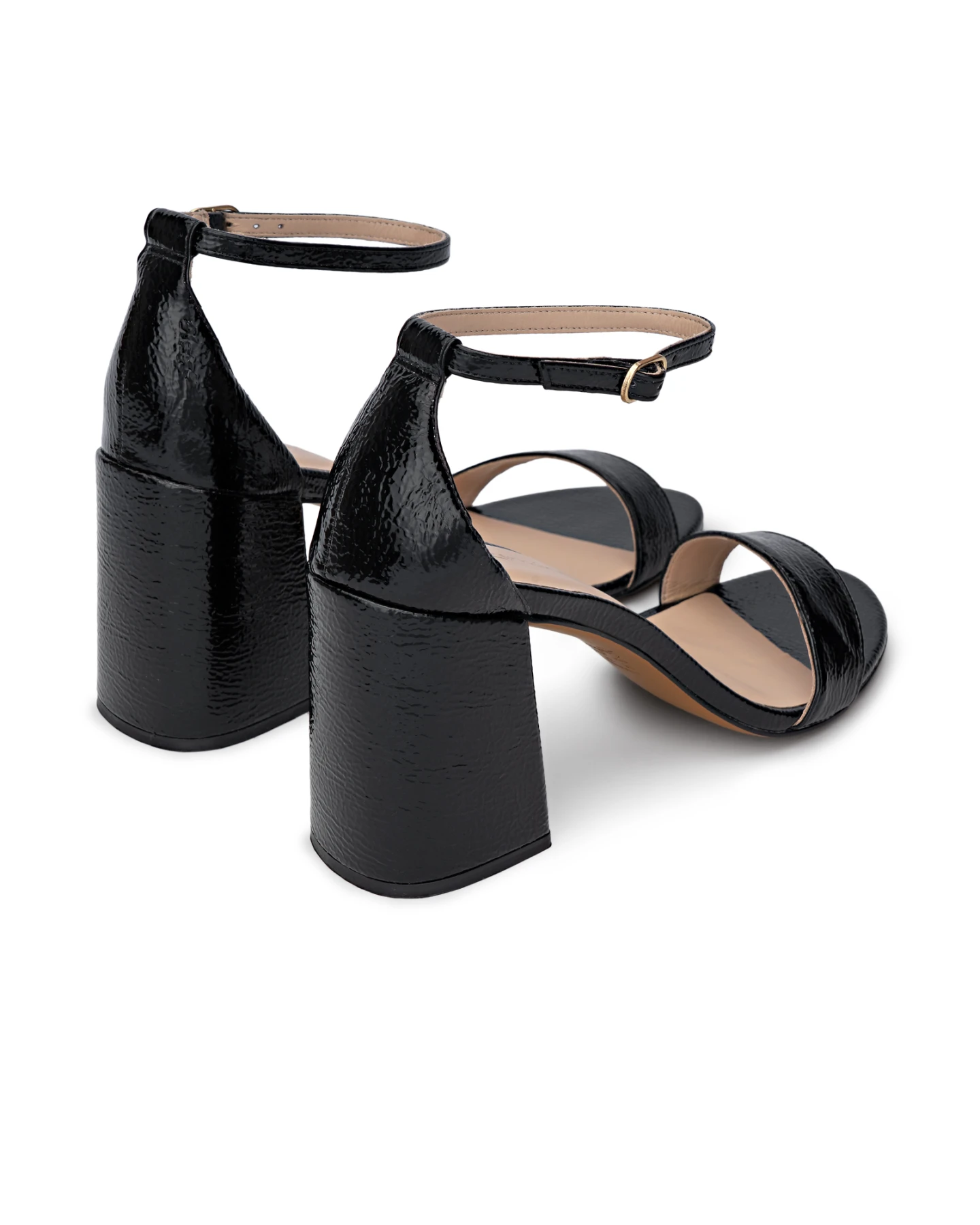 Crinkled Patent Leather Ankle Strap Block Heel Sandals Gallery