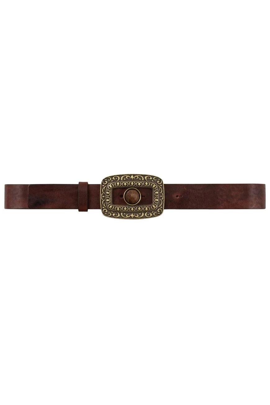 Boho-Chic Ornate Buckle Leather Belt with Center Stone Gallery