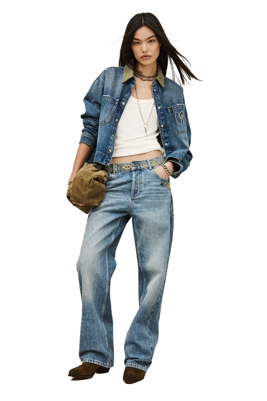 Straight-Leg Jeans with Embroidered Waistband and Pocket Detail Gallery