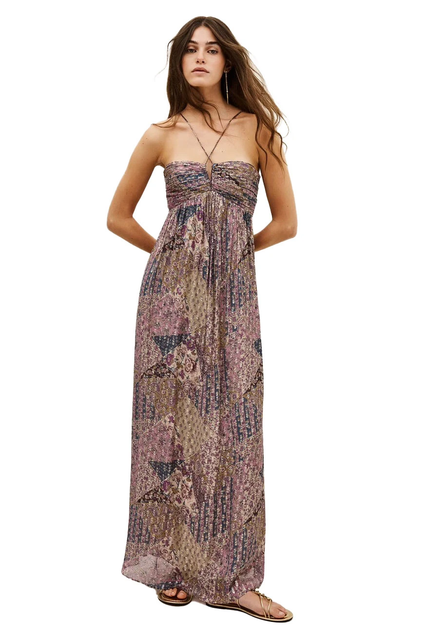 Bohemian Metallic Patchwork Maxi Dress with Ruched Bodice Gallery