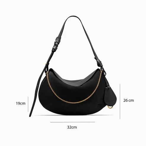 Black Leather Crescent Shoulder Bagwith Gold Chain Detail Gallery