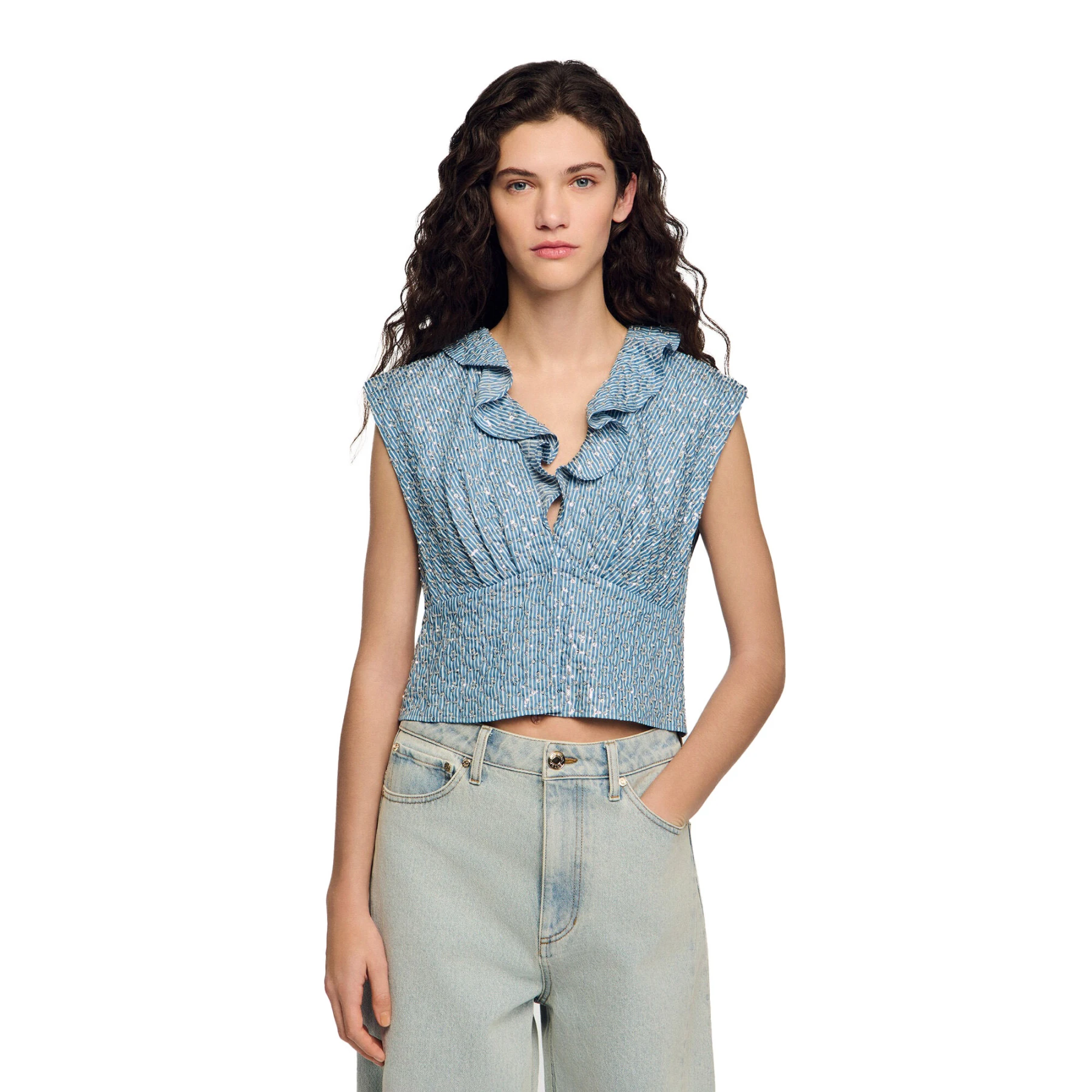 Striped Sequin Crop Top with a Ruffled V-neckline Gallery