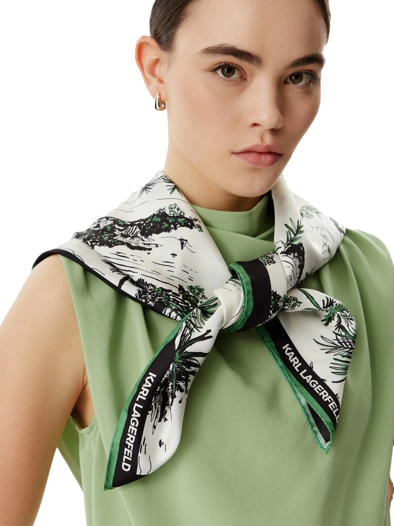 "Vacances de Karl" Silk Scarf with Green Trim Gallery