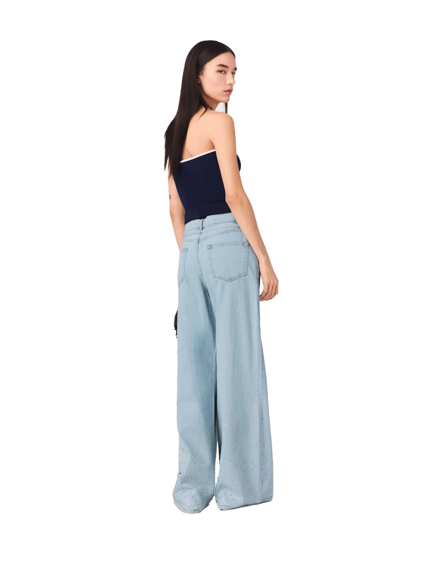 Wide-Leg High Wasited Rhinestone Jeans Gallery