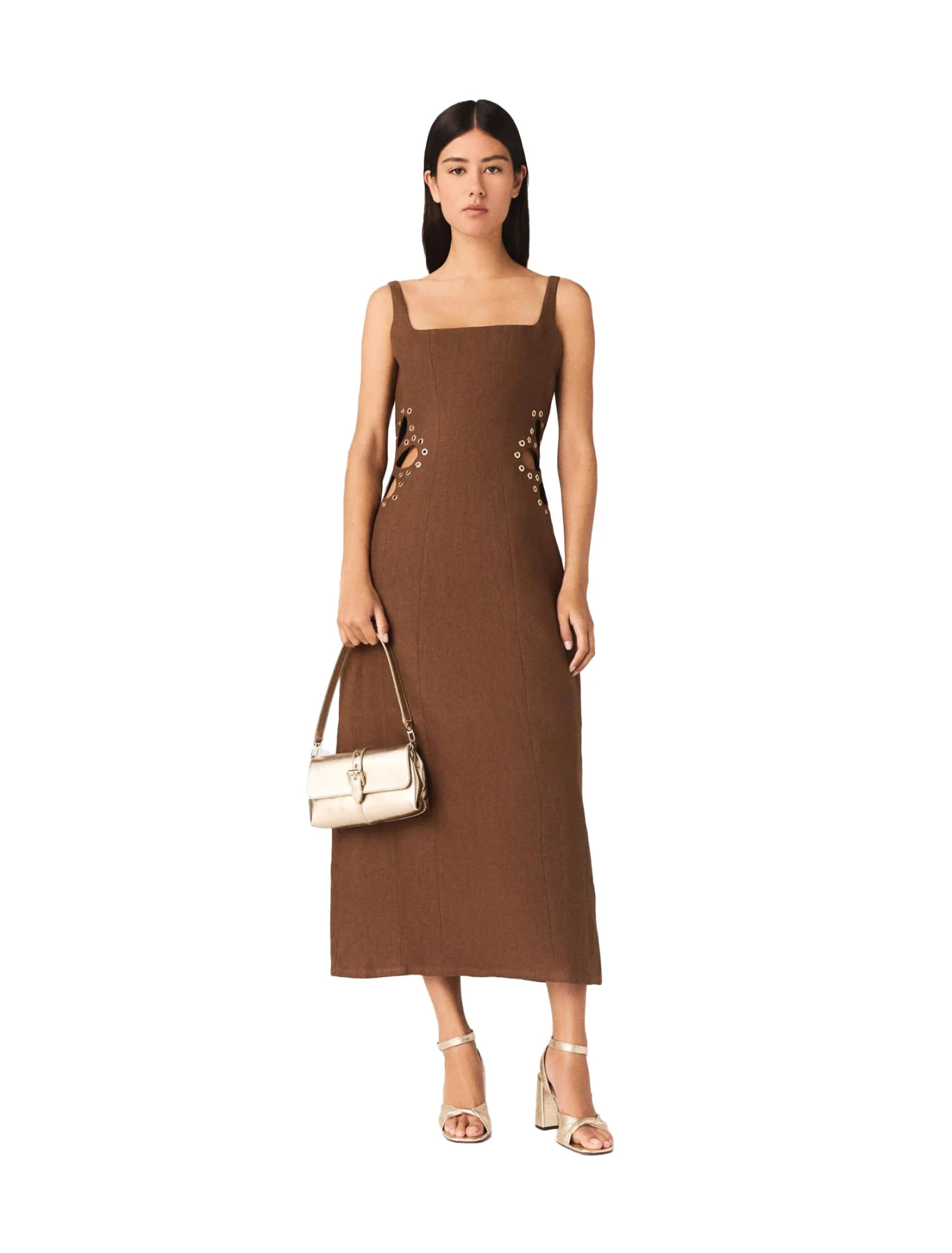 Linen Blend Midi Dress with Floral Cut-outs Gallery