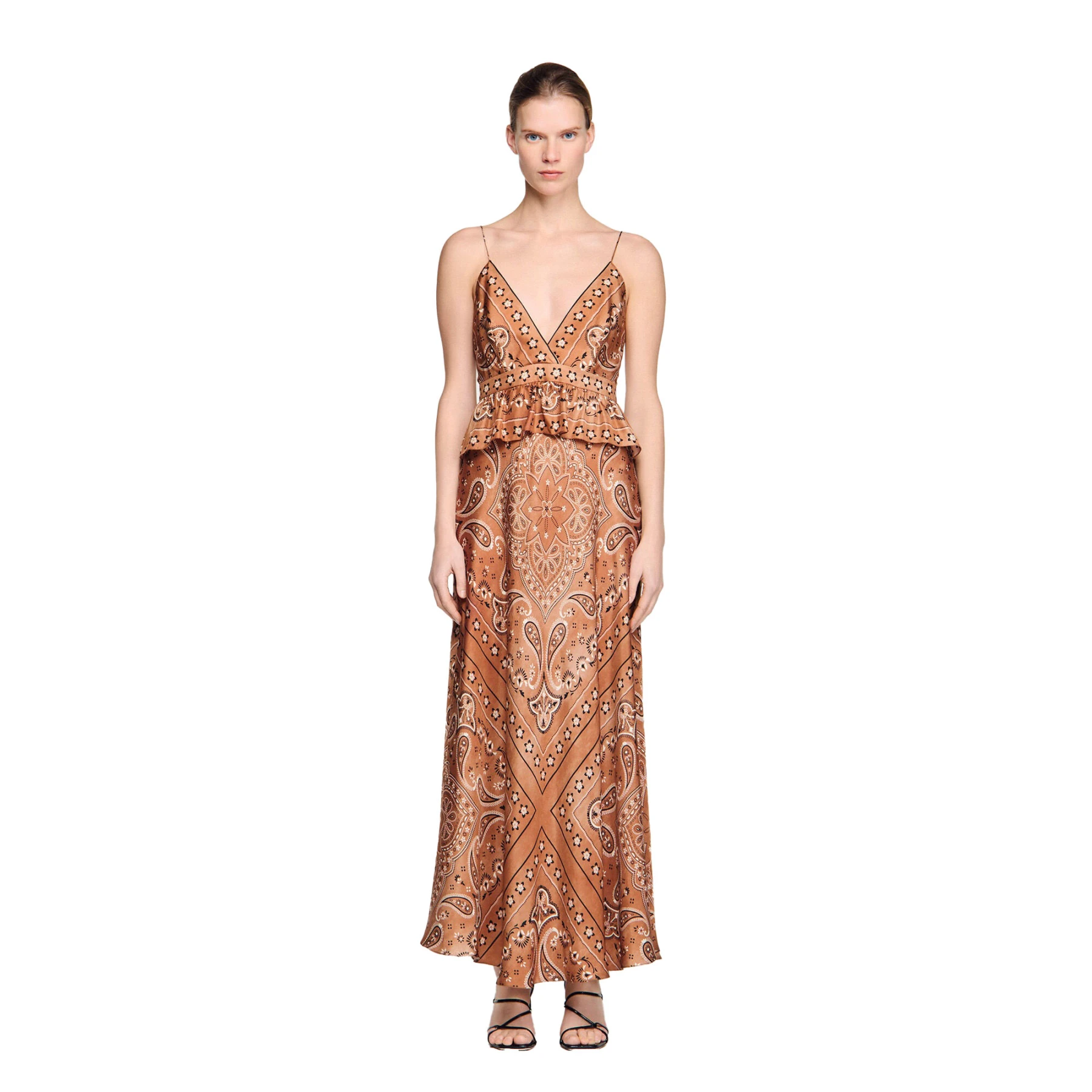 Satin Effect Bandana-Print Maxi Dress with Spaghetti Straps Gallery