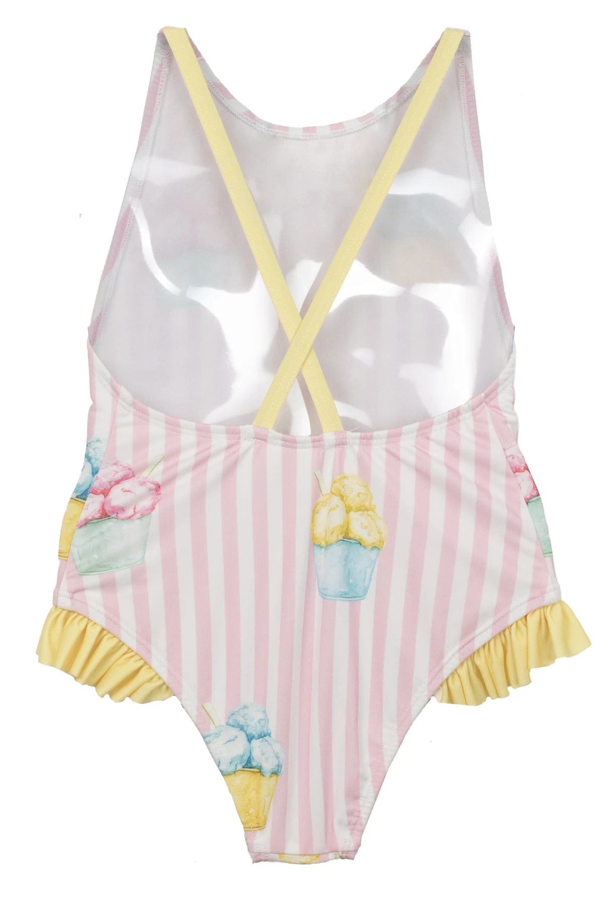 Kids Striped Ice Cream Print Swimsuit With Yellow Ruffle Trim Gallery