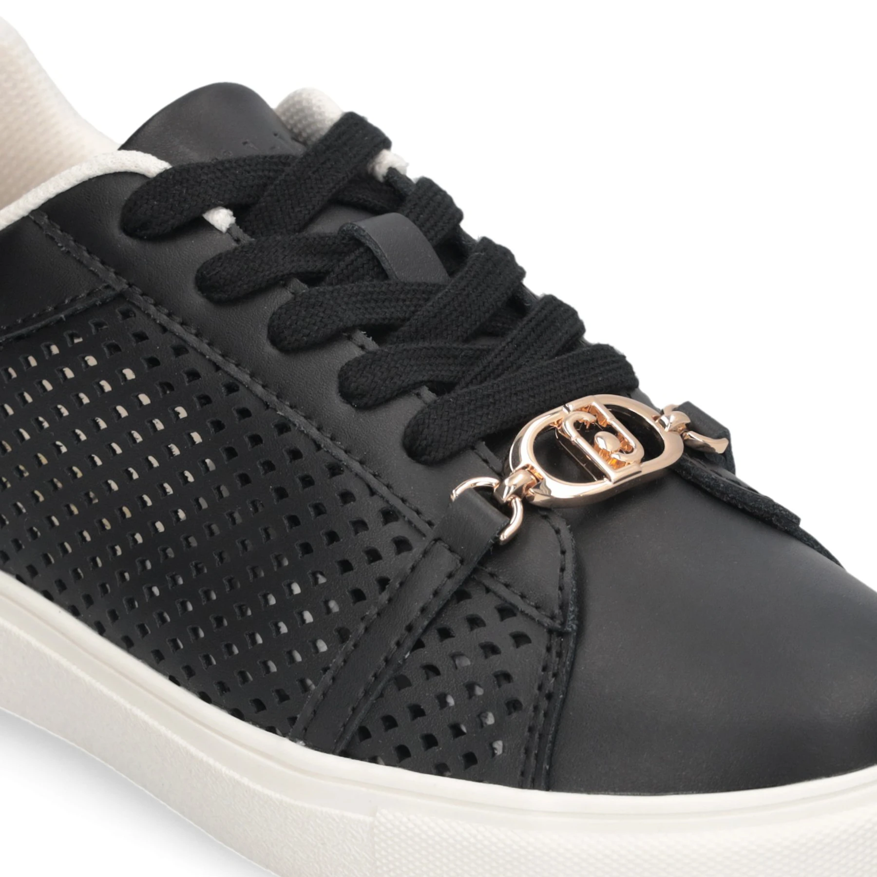 Perforated Leather Low-Top Sneakers with Gold Hardware and Contrast White Sole Gallery