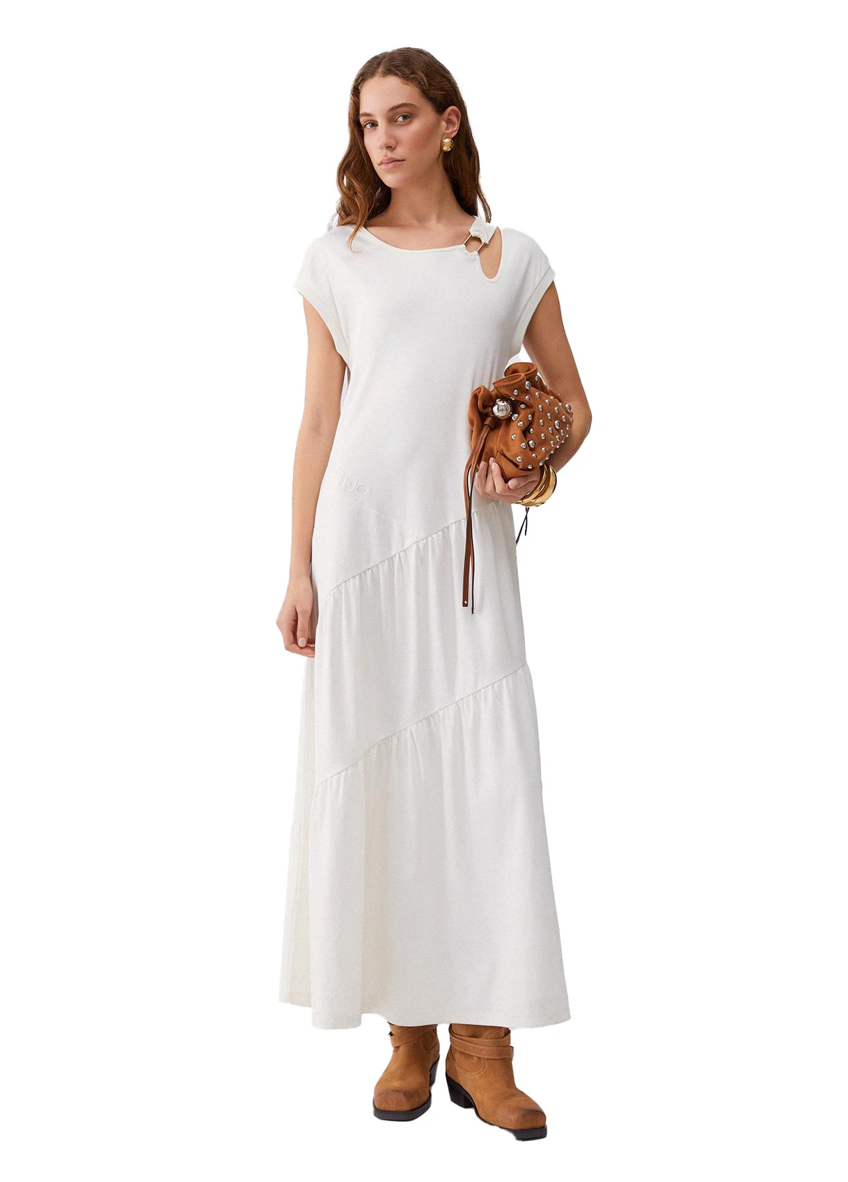 Short Sleeve Long Dress With Cut-Outs & Ruffled Hem Gallery