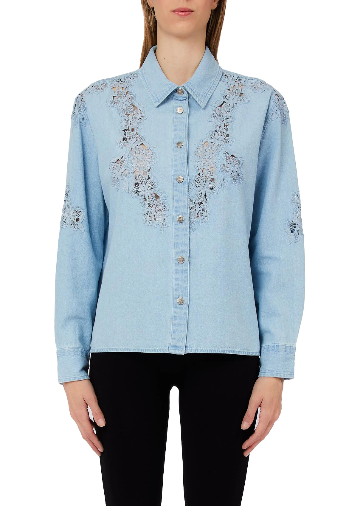 Light Wash Denim Shirt With Floral Lace Appliqué Gallery