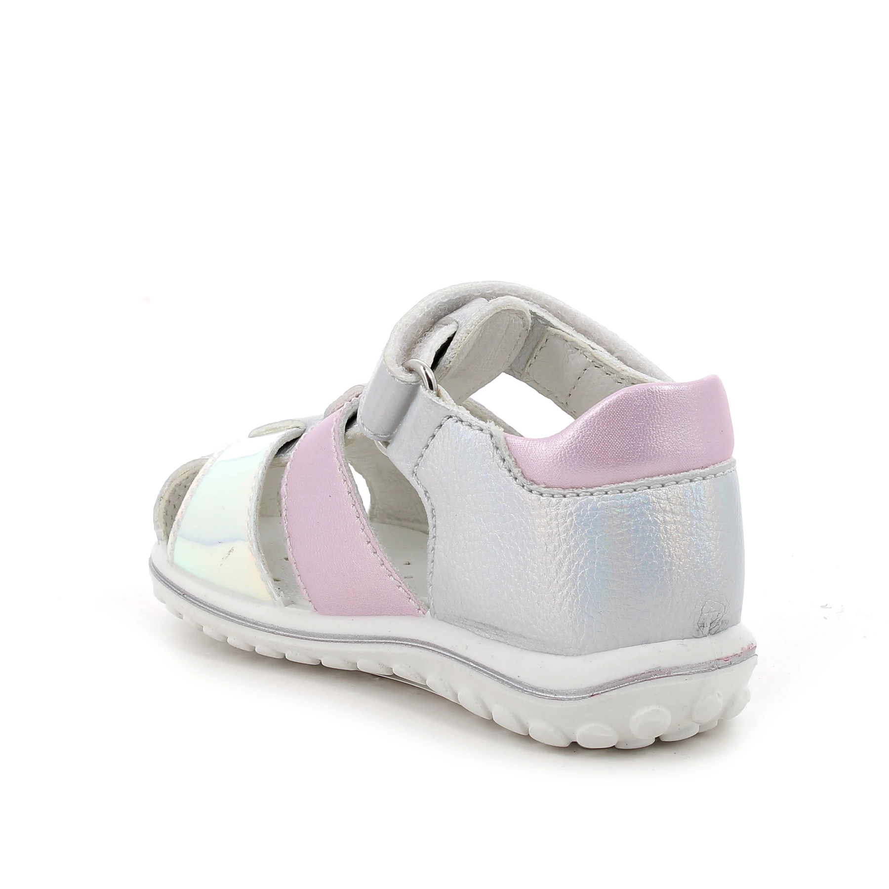 Baby Girl Iridescent Silver and Pink Leather Sandals with Holographic Detail Gallery