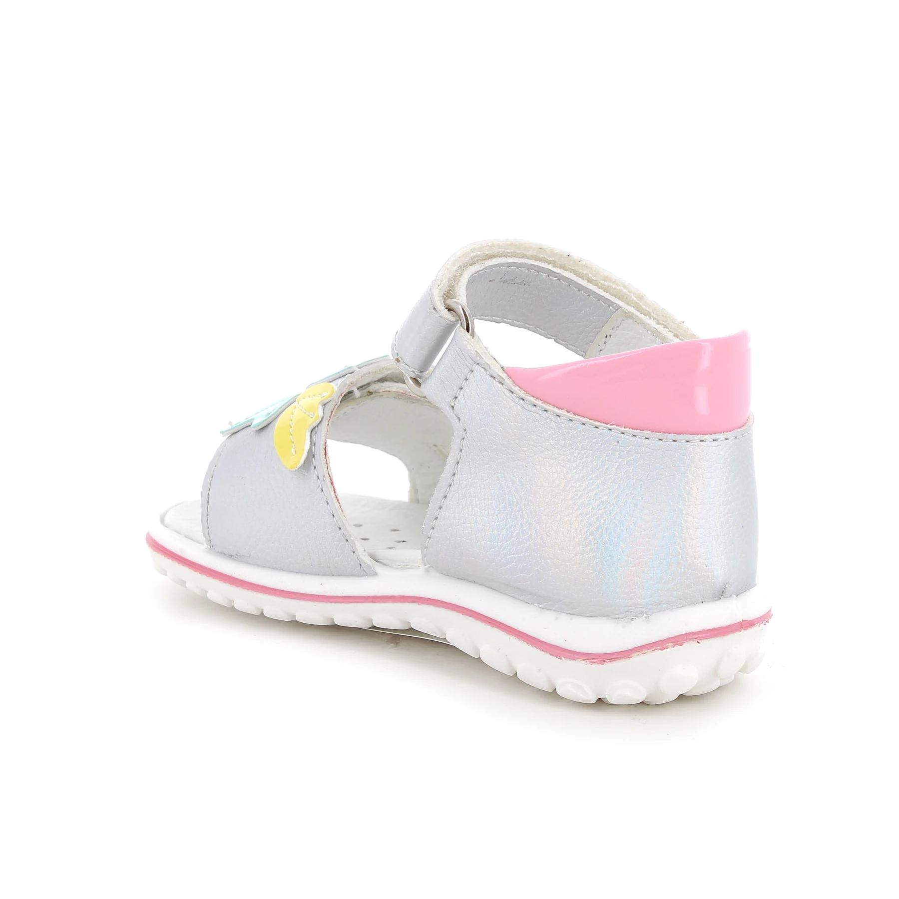 Baby Girl Silver Shimmer Leather Sandals with Pink Accents and Butterfly Detail Gallery