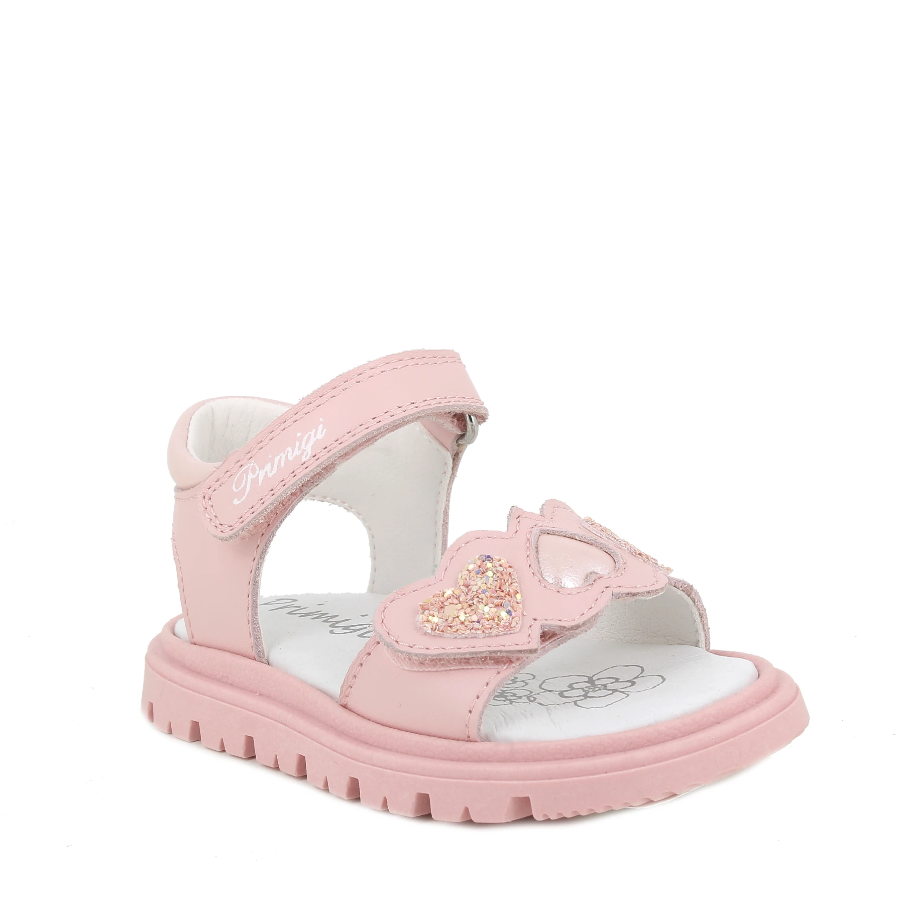 Baby Girl Pink Leather Sandals with Glitter Heart Appliqués and Scalloped Detail Gallery