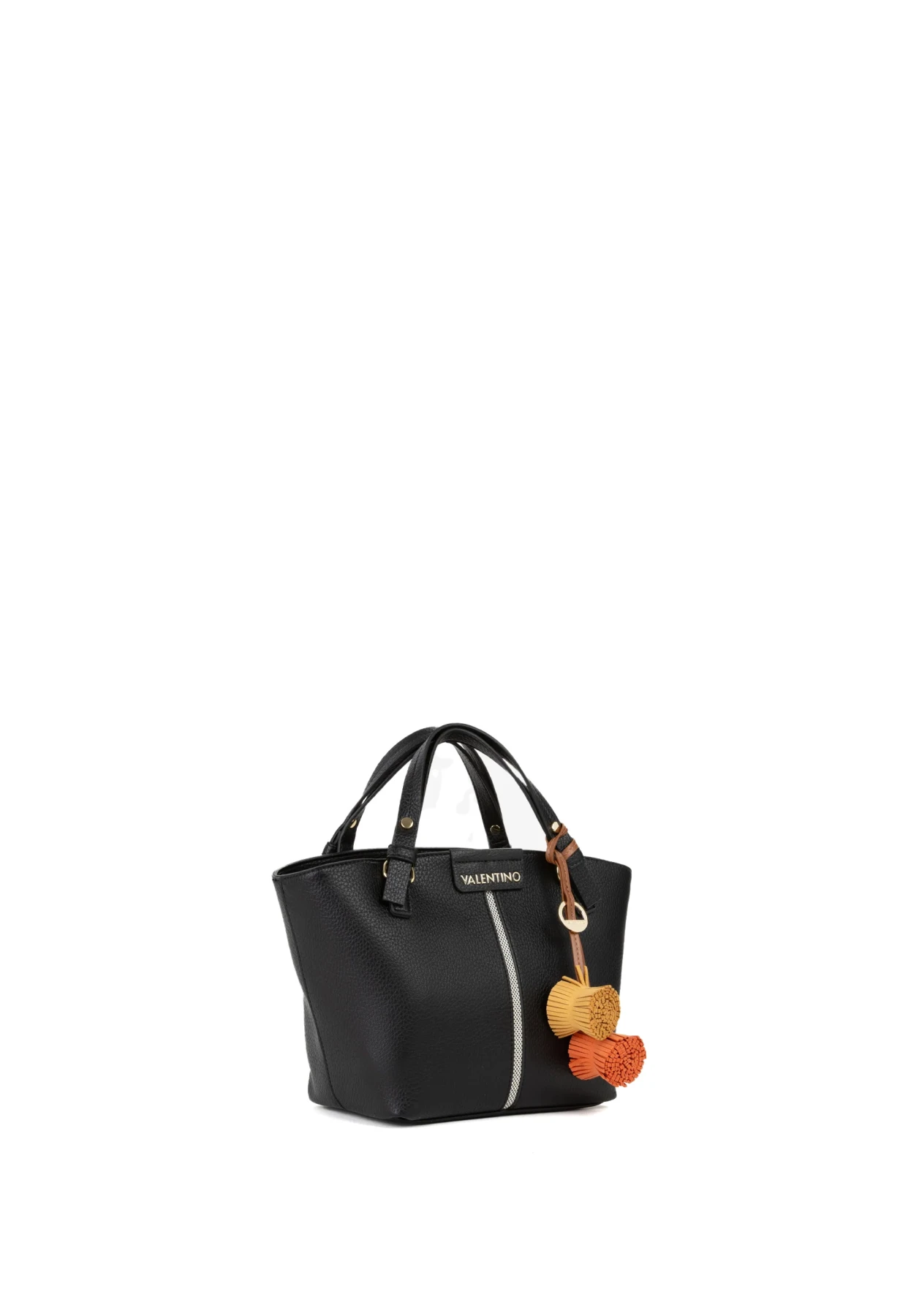 Grained Leather Trapezoid Small Tote Bag with Logo Webbing Strap and Charms Gallery