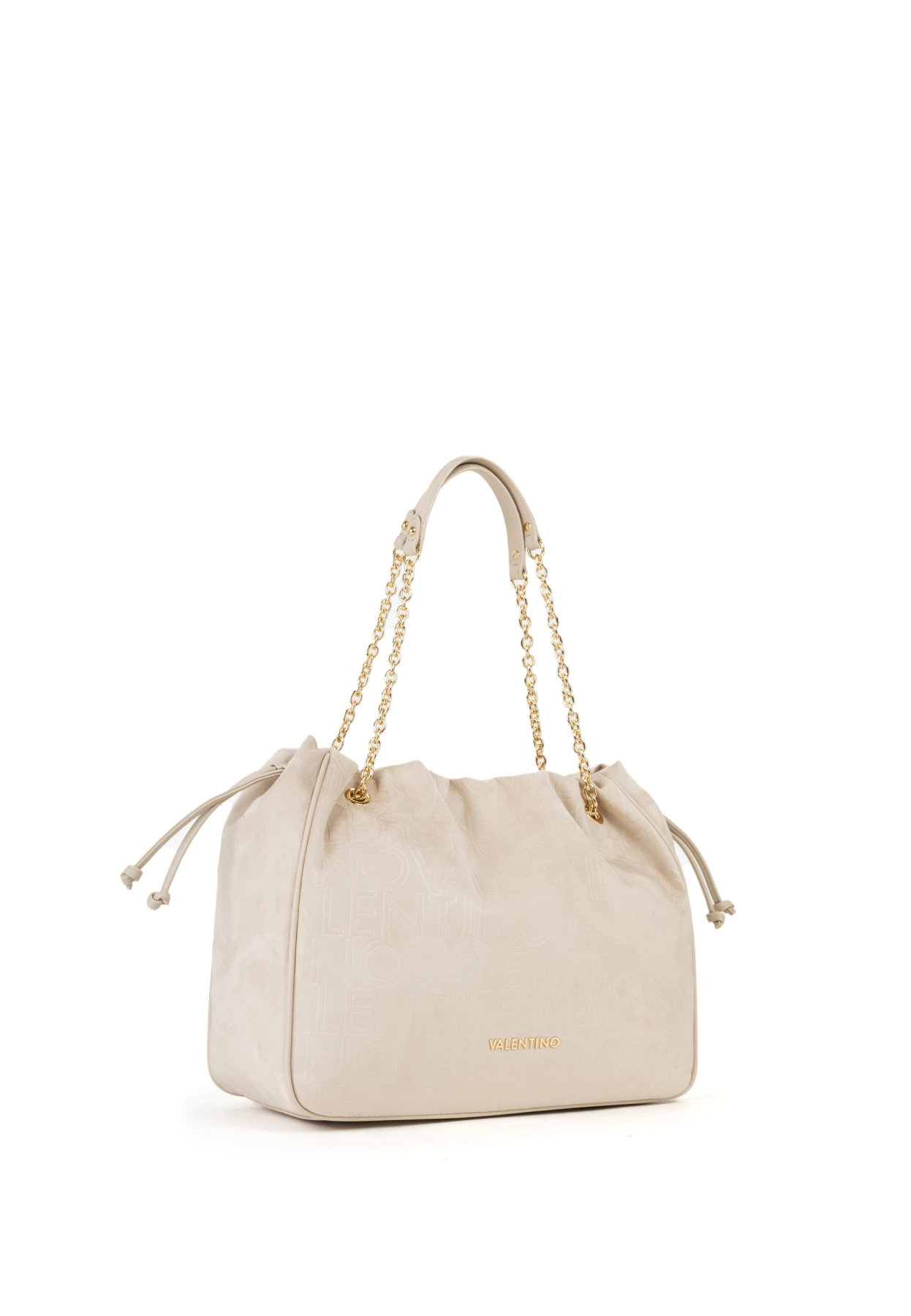 Embossed Logo Drawstring Shoulder Bag with Gold Chain Straps Gallery