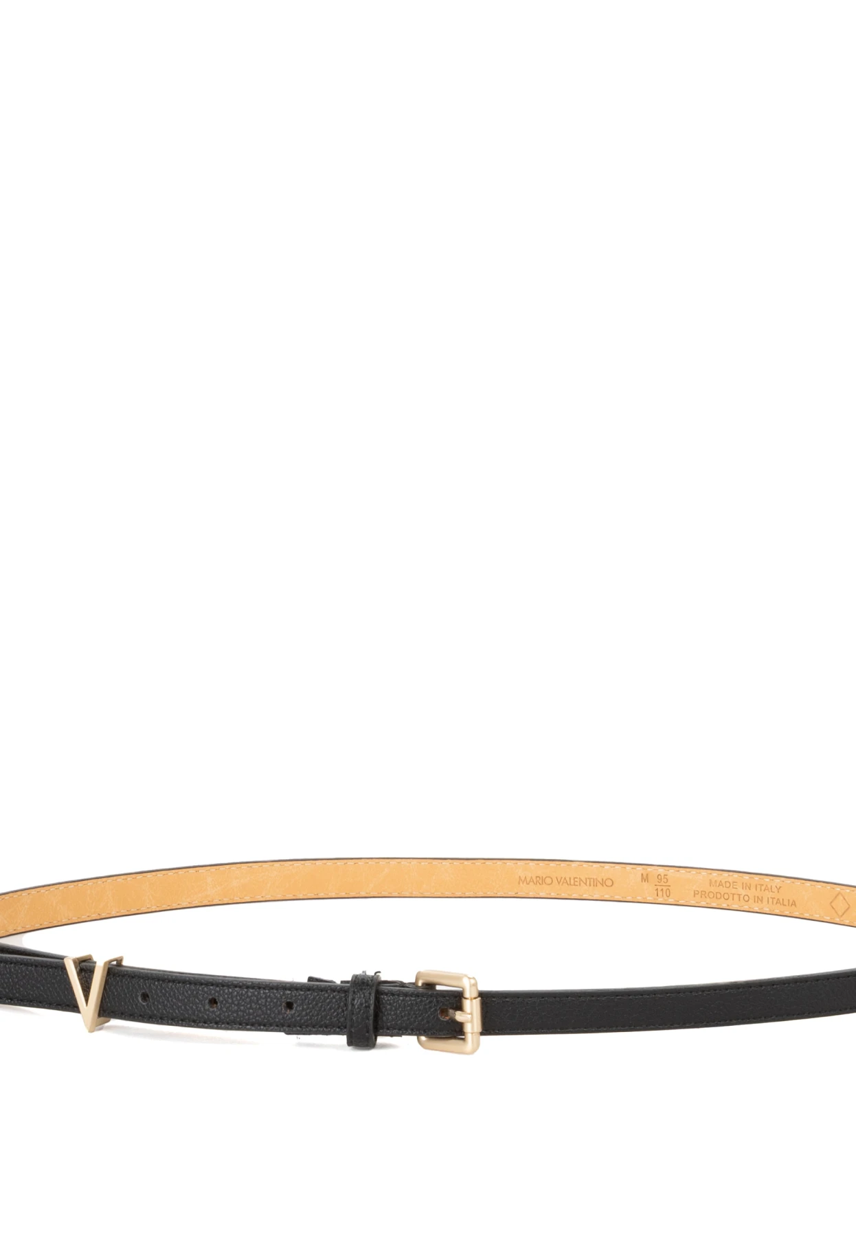 Grained Leather Skinny Belt with Gold V-Logo Detail Gallery