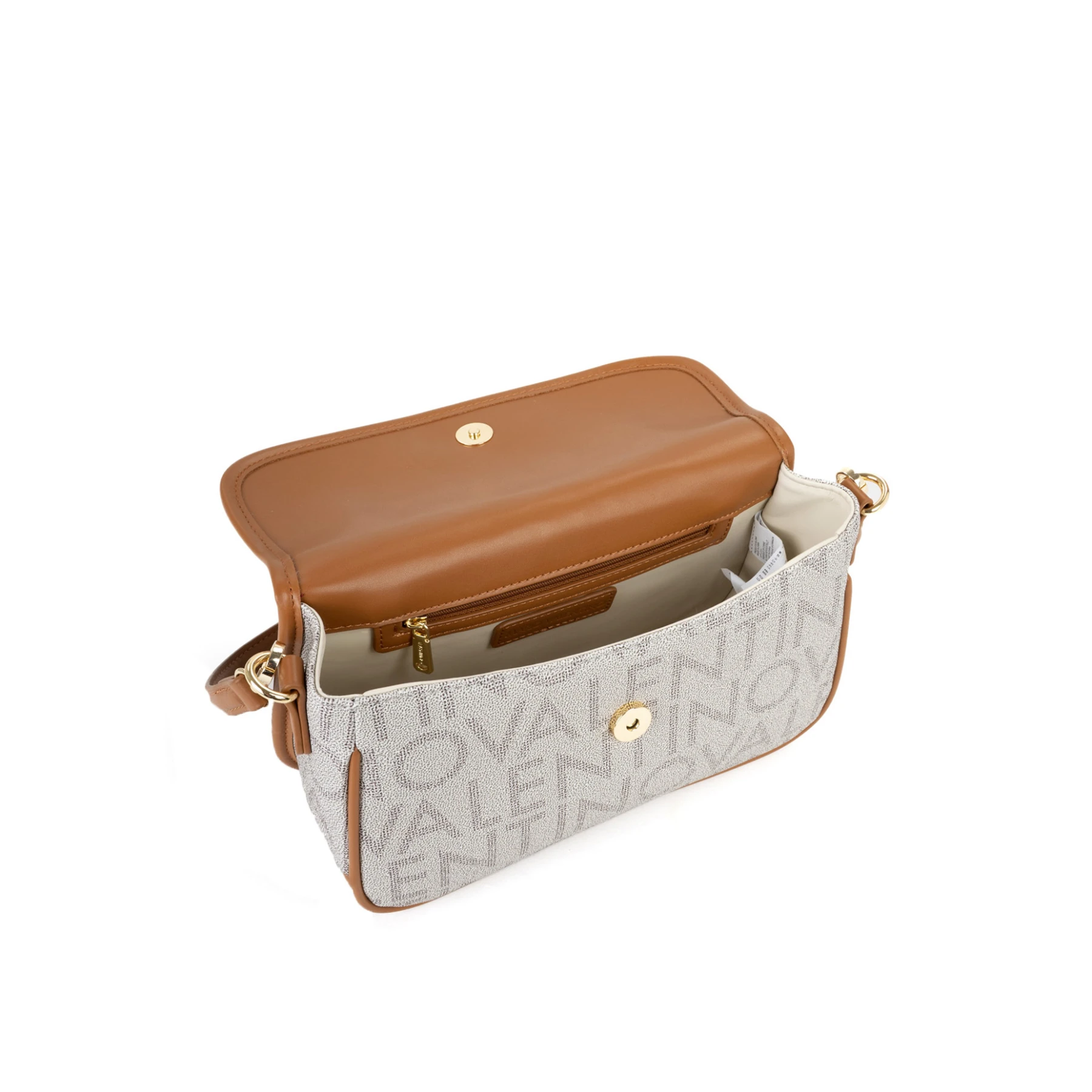 Monogram Print Flap Shoulder Bag with Tan Trim and Logo Canvas Strap Gallery