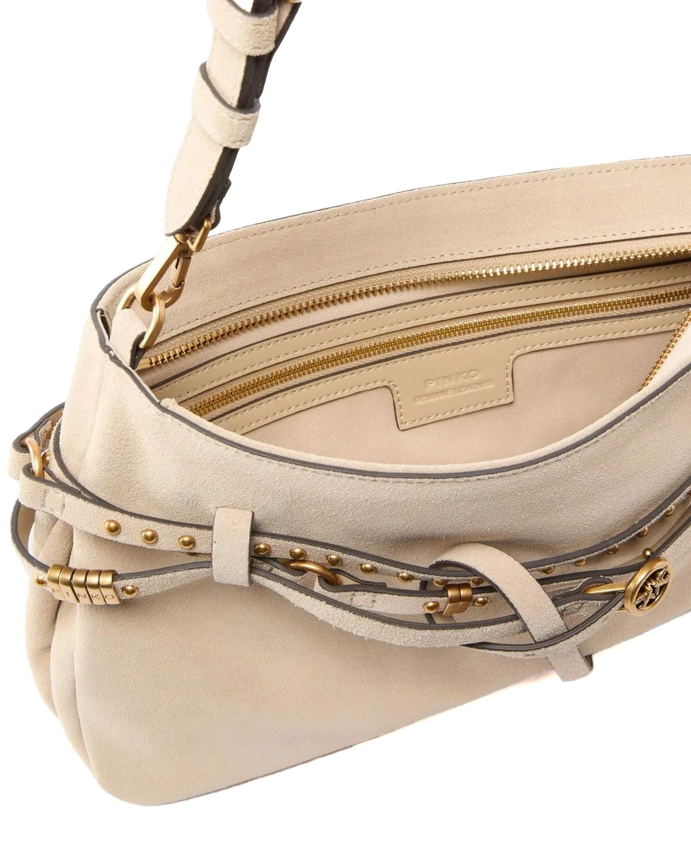 Suede Shoulder Bag with Studded Trim and Gold-Tone Hardware Gallery