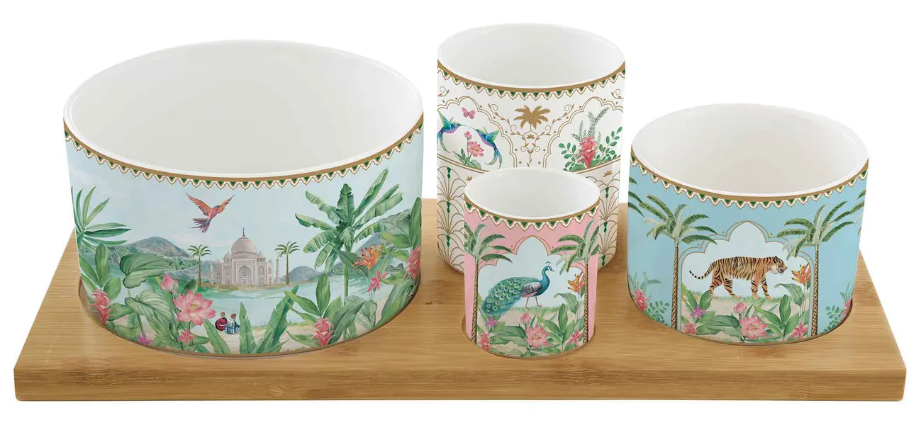 Appetizer Set 29X13 W/4 Porcelain Round Bowls On Bamboo Tray In Color Box Paradise Sauvage 1 Image