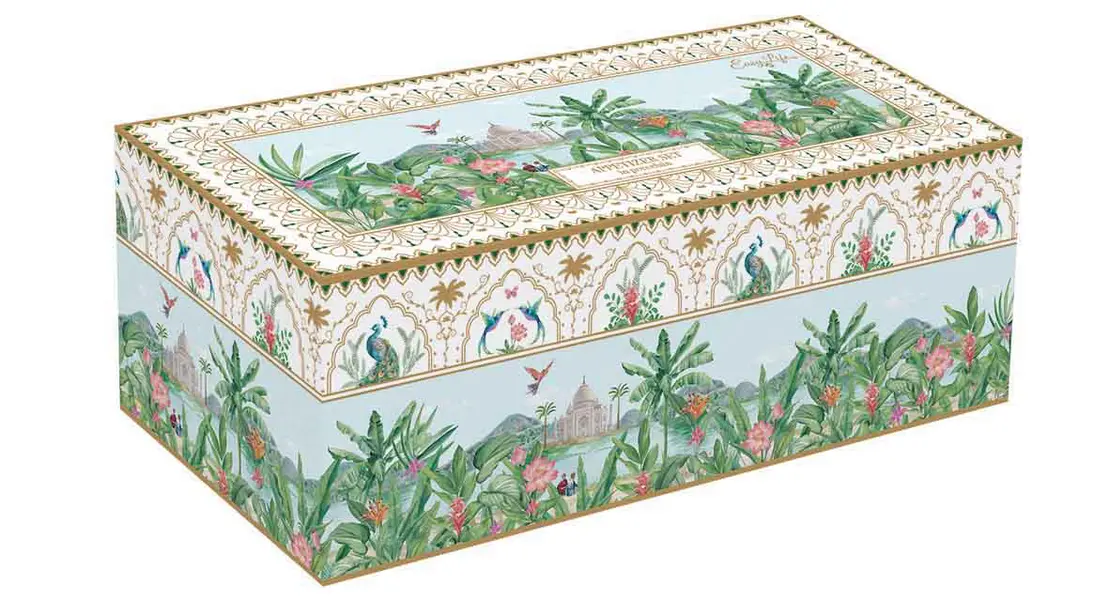 Appetizer Set 29X13 W/4 Porcelain Round Bowls On Bamboo Tray In Color Box Paradise Sauvage 2 Image