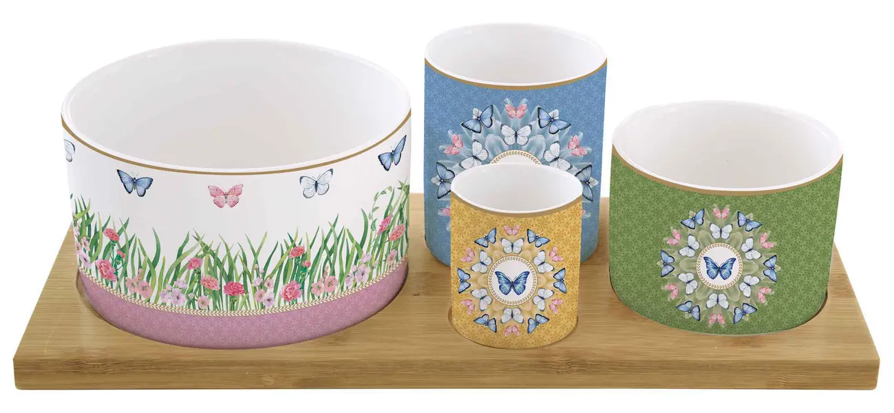 Appetizer Set 29X13 W/4 Porcelain Round Bowls On Bamboo Tray In Color Box Spring Parade 2 Image