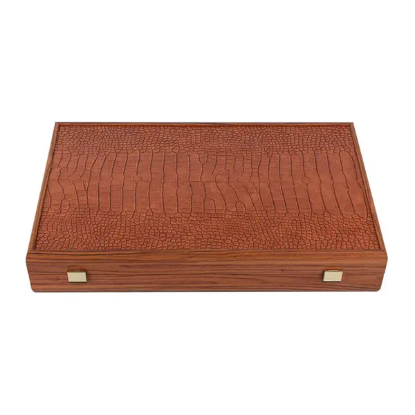 Handmade Crocodile Tote in Caramel Brown Inlaid Leatherette Backgammon with Side racks 48x30cm 1 Image