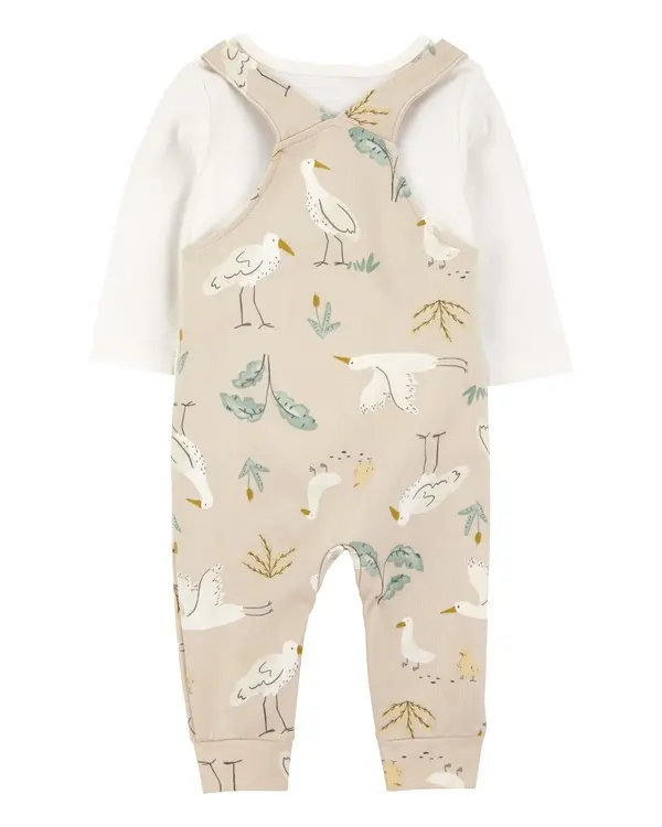 2-Piece Bird Print Long-Sleeve Tee & Overall Set 1 Image