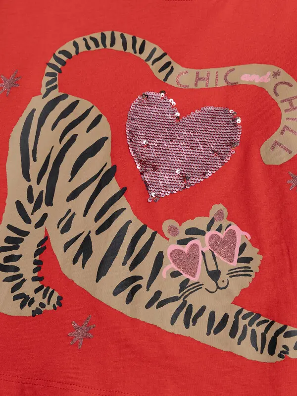 Long-sleeved tiger and heart design T-shirt with magic sequins 2 Image