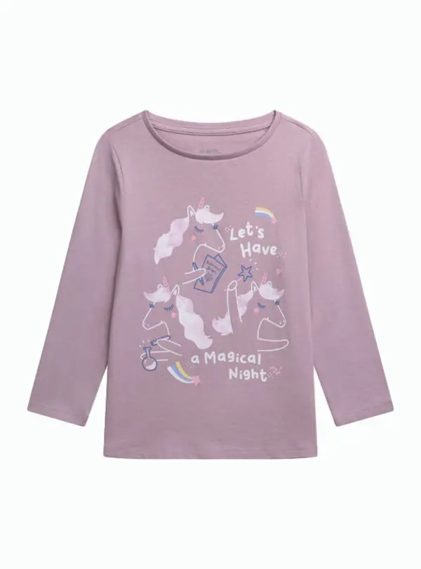 Unicorn Graphic Long-Sleeved Pajama Set with Tie-Dye Pants 5 Image