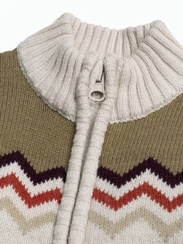 Chevron-Pattern Knit Cardigan with Zipper and Pockets 1 Image