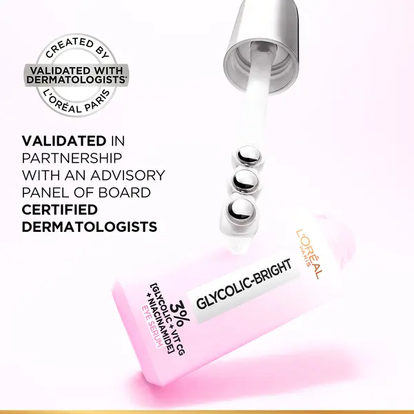 L'Oréal Paris Glycolic [3% Glycolic Acid  + Vitamin CG + Niacinamide] Eye Serum For Dark ircles, Brighten Eyes 20ml. 3 Image
