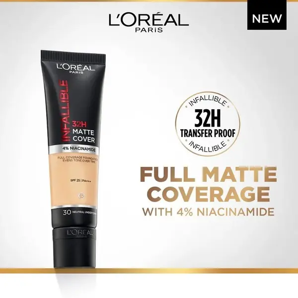L’Oréal Paris Infaillible 32H Matte Cover Liquid Foundation, With 4% Niacinamide, Long Lasting, Natural Finish, SPF 25 - 1 Image