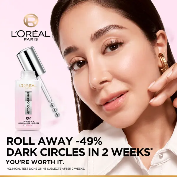L'Oréal Paris Glycolic [3% Glycolic Acid  + Vitamin CG + Niacinamide] Eye Serum For Dark ircles, Brighten Eyes 20ml. 4 Image