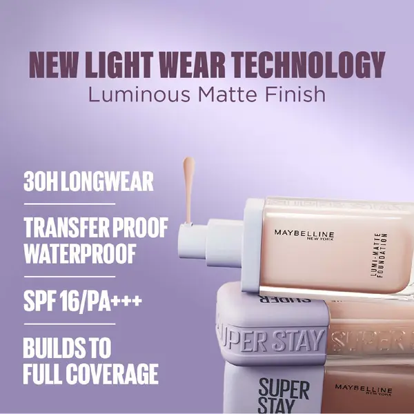 Maybelline New York Super Stay Lumi-Matte, Light As Air Foundation - 30H Longwear 2 Image