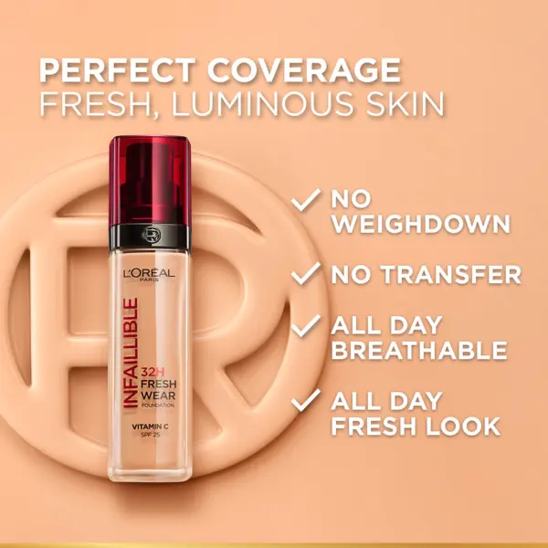 L’Oréal Paris Makeup Infaillible 32H Freshwear Longwear Liquid Foundation, Vitamin C, SPF25 2 Image