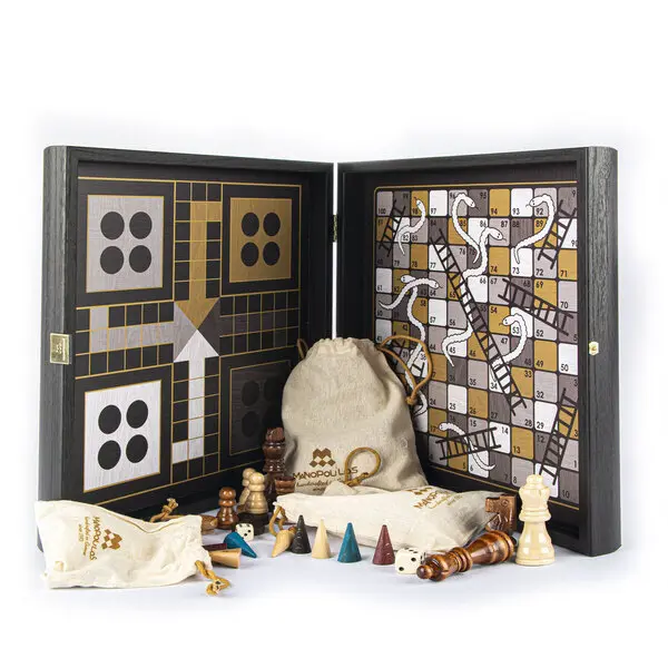 Chess/Backgammon/Ludo/Snakes  - Black & Ivory - Walnut replica wooden case 2 Image