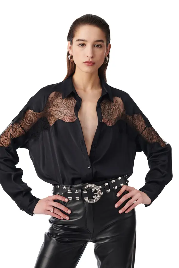 Satin Long Sleeve Shirt with Lace Details on Front 1 Image