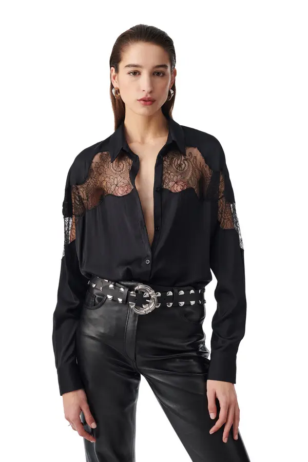 Satin Long Sleeve Shirt with Lace Details on Front 2 Image