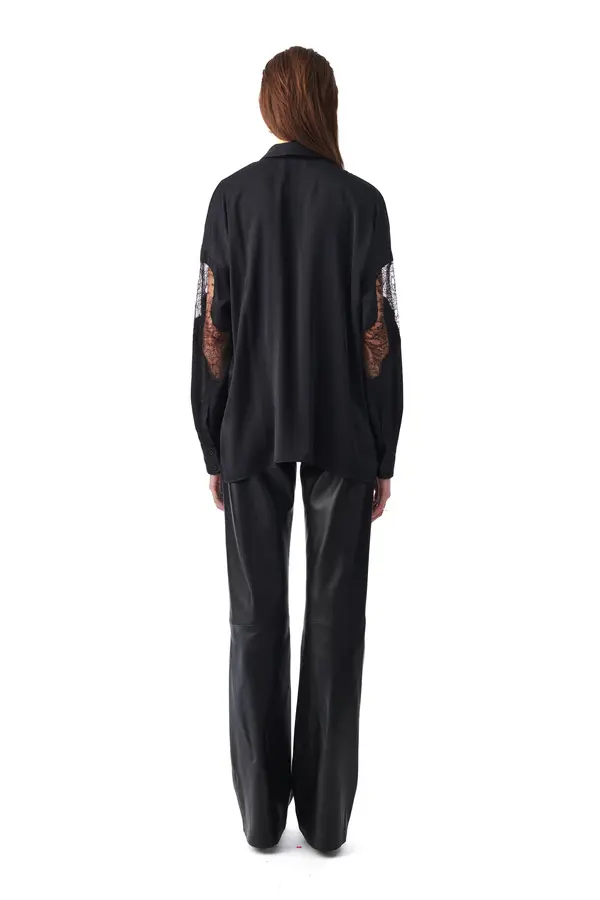 Satin Long Sleeve Shirt with Lace Details on Front 4 Image