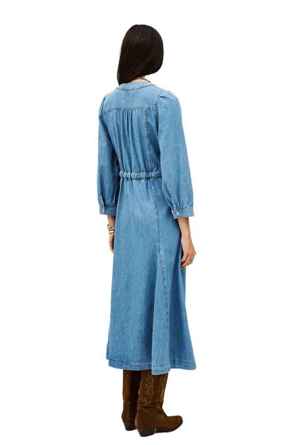 Long v-neck belted denim dress 1 Image