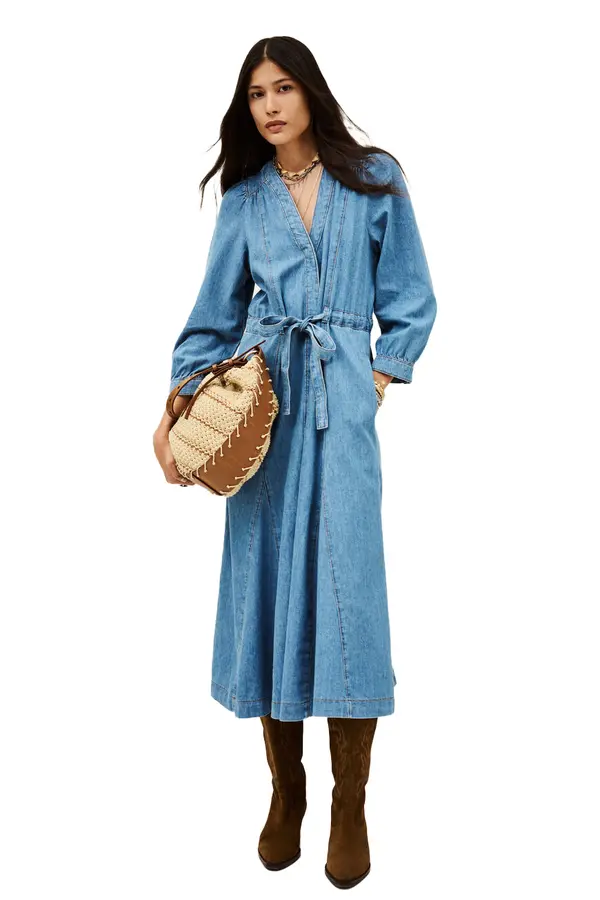 Long v-neck belted denim dress 2 Image