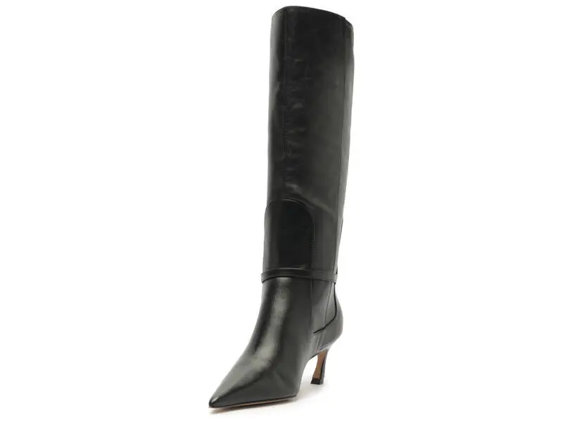 Leather Pointed-Toe Knee-High Boots with Gold Buckle 1 Image
