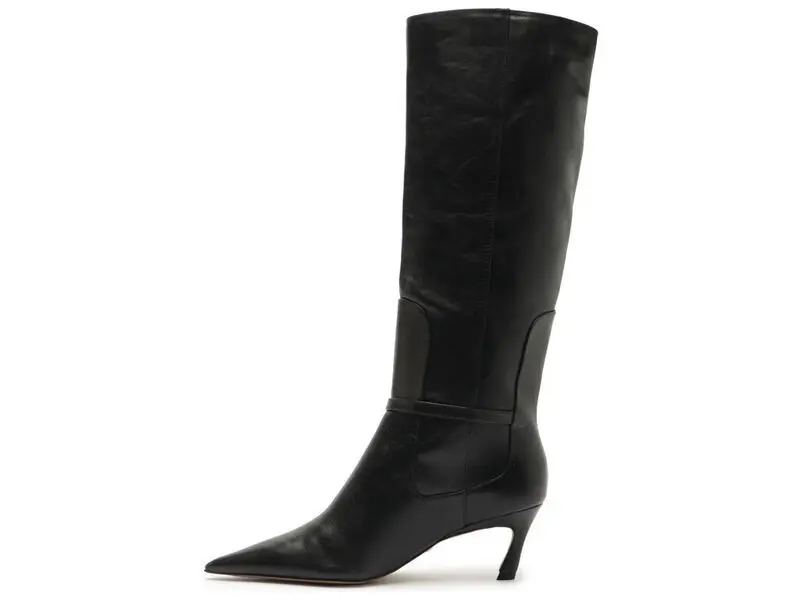 Leather Pointed-Toe Knee-High Boots with Gold Buckle 2 Image